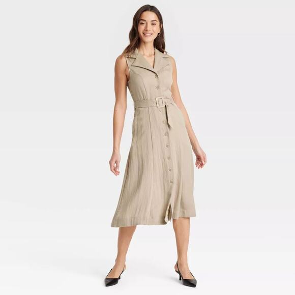 A New Day Women's Tie Waist Midi Shirtdress Khaki Size Small - Picture 1 of 6